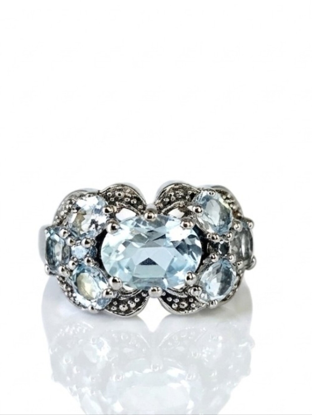 Genuine Blue Topaz & Diamond Ring Sterling Silver 14k White Gold Overlay Sz 7!